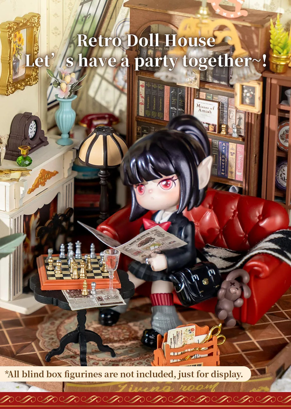 Retro dollhouse with a doll sitting on a red couch, surrounded by furniture and decor.
