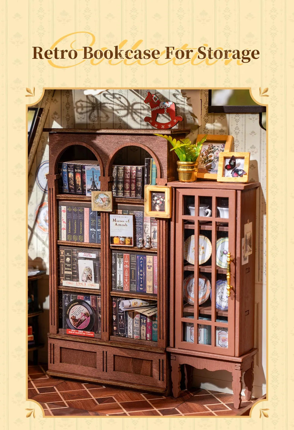 Retro bookcase with books and decorative items