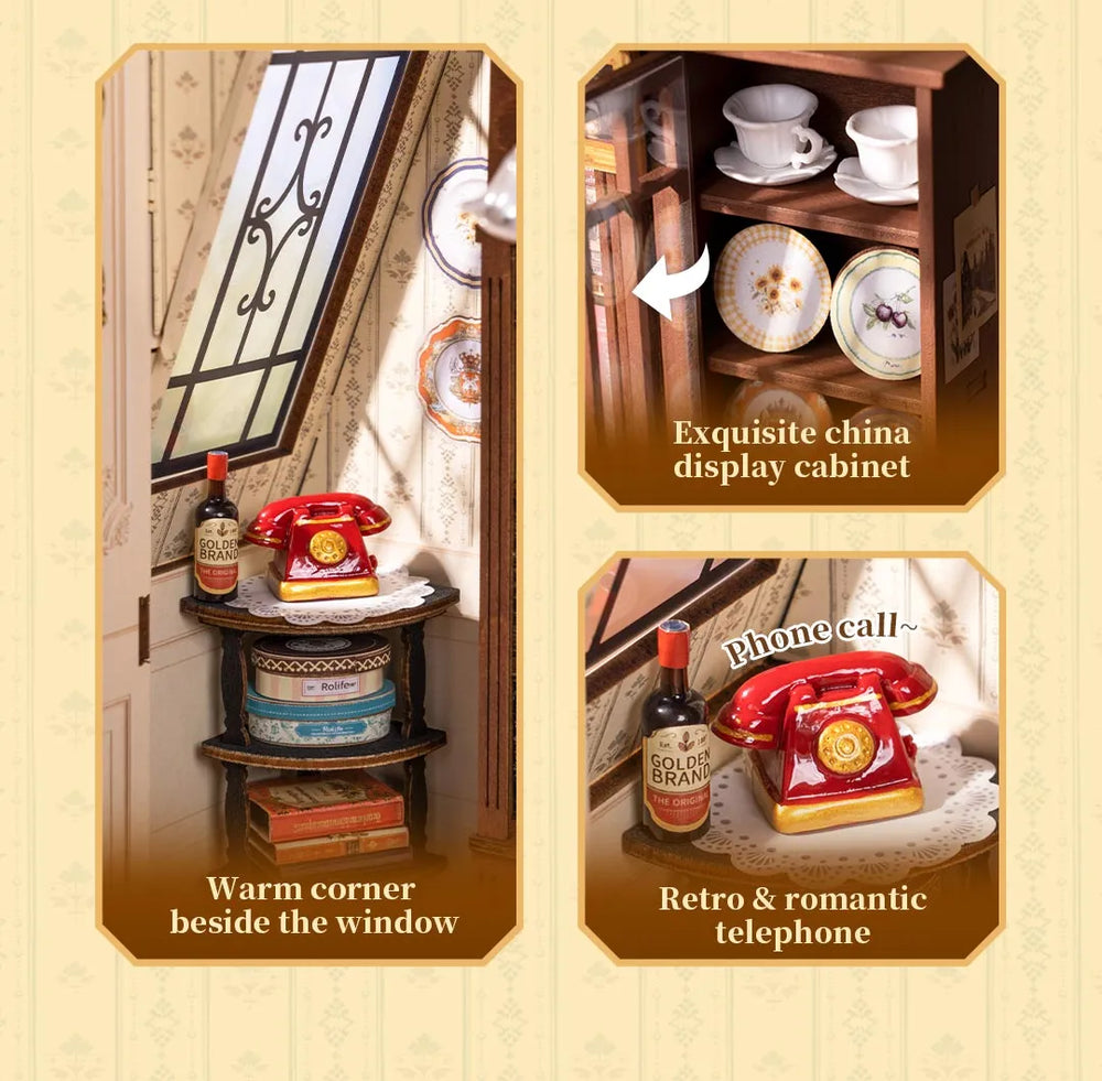 Decorative scene with a china display cabinet, vintage telephone, and warm corner by a window.