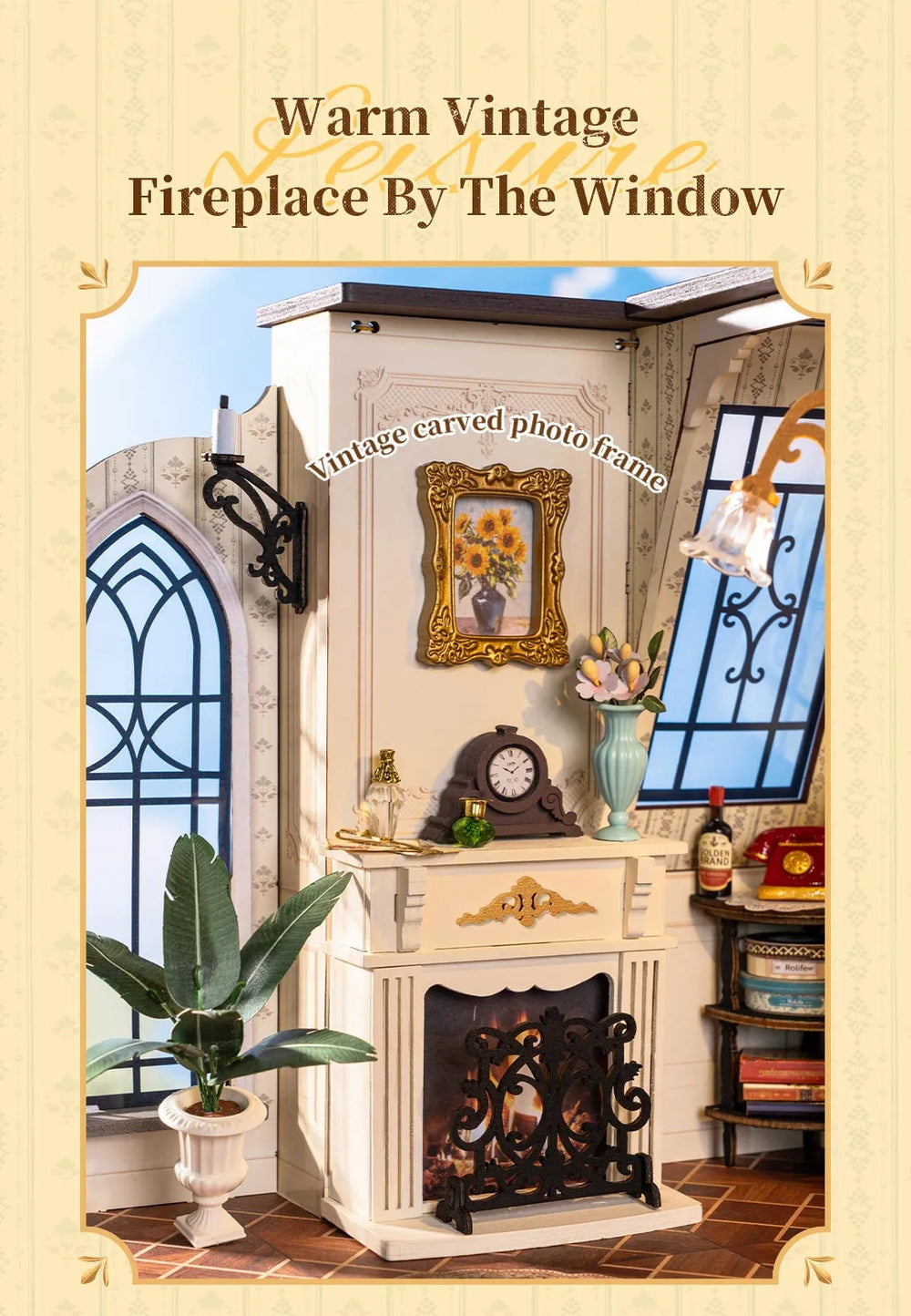 Decorative image of a warm vintage fireplace by the window with a photo frame.