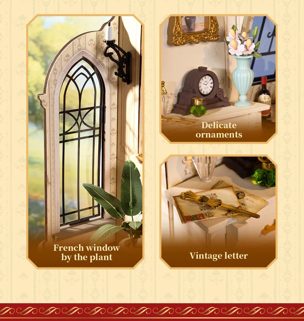 Decorative collage with a French window, plant, and vintage letter