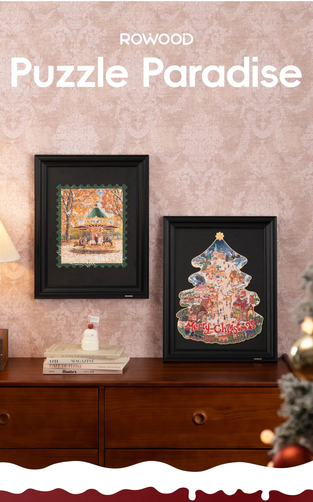 Two framed artworks on a wooden surface