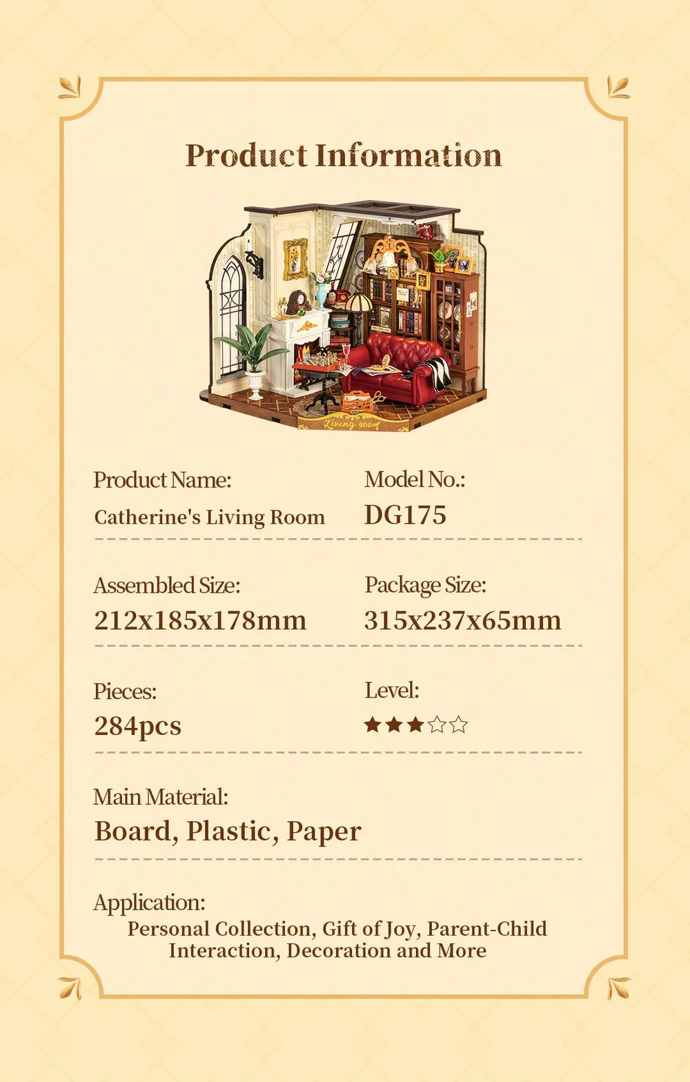 Product information card for a miniature living room model with dimensions and features.