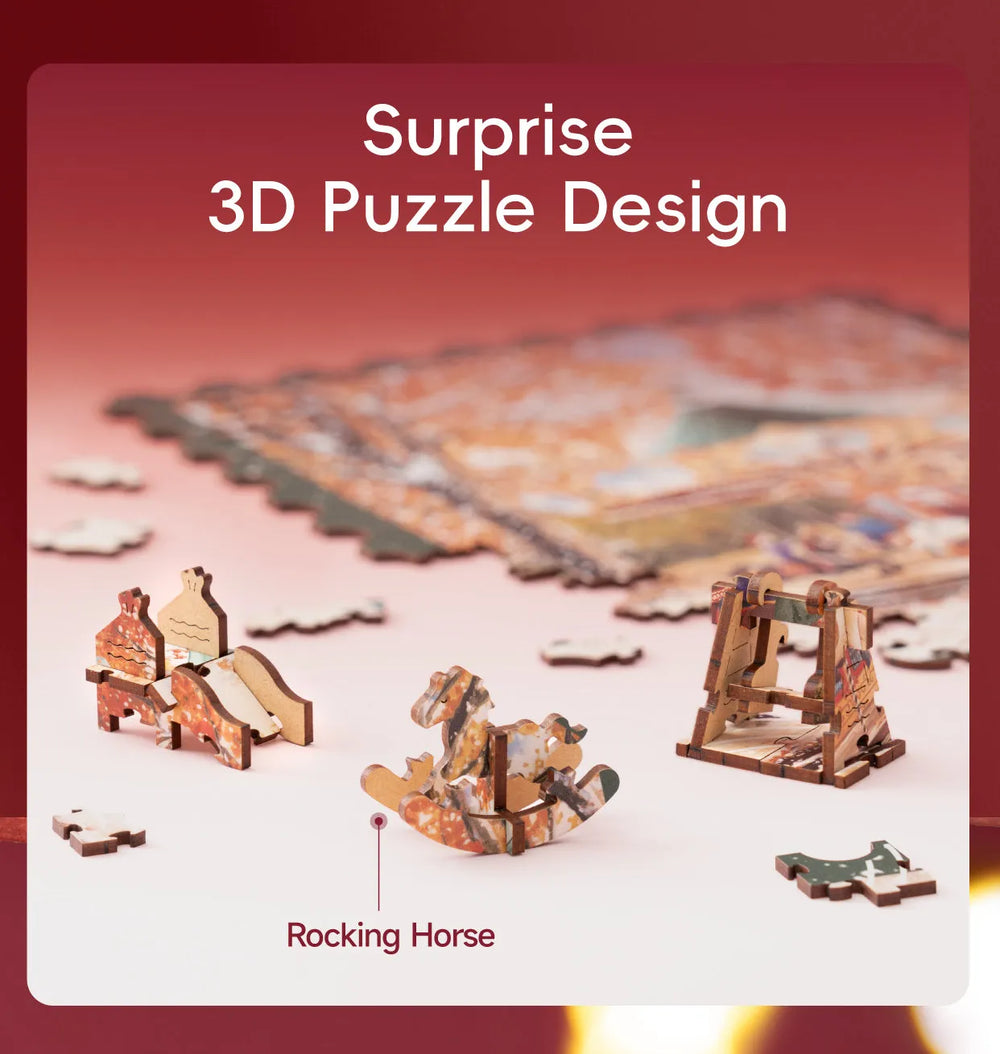 Surprise 3D puzzle design with rocking horse pieces on a red background