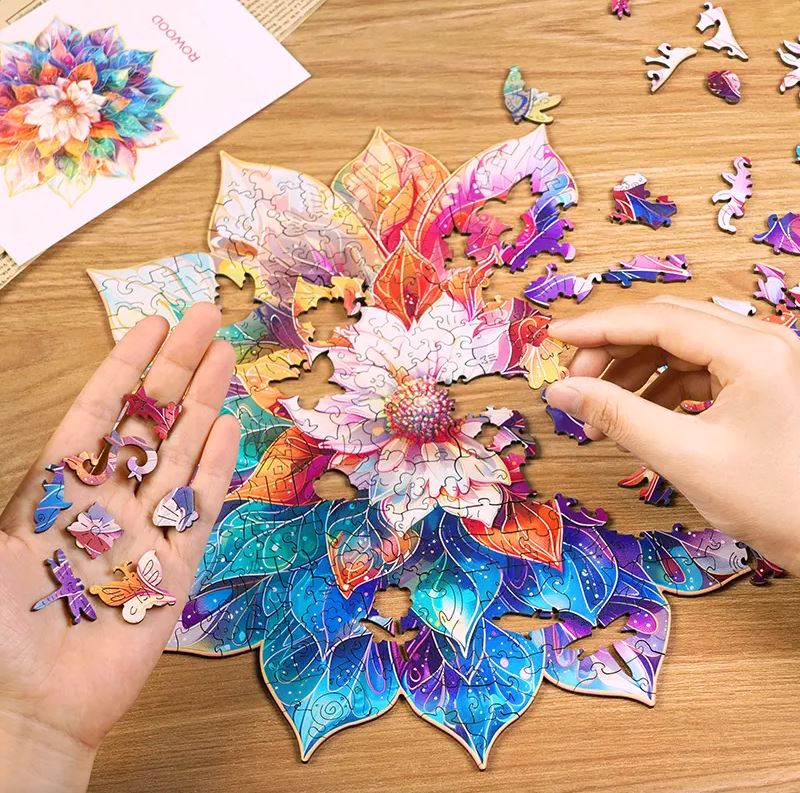 Rowood laser-cut wooden puzzle pieces close-up