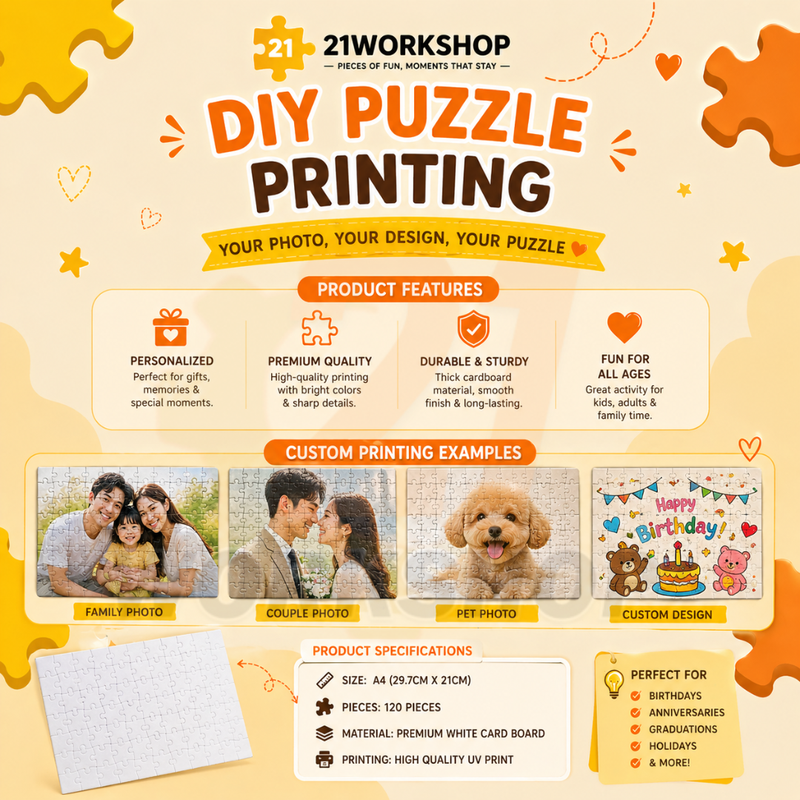 (SAME DAY SHIPPING) Custom Puzzle Printing DIY A4 120pcs Personalized Photo Puzzle Gift Couple Family Pet Design