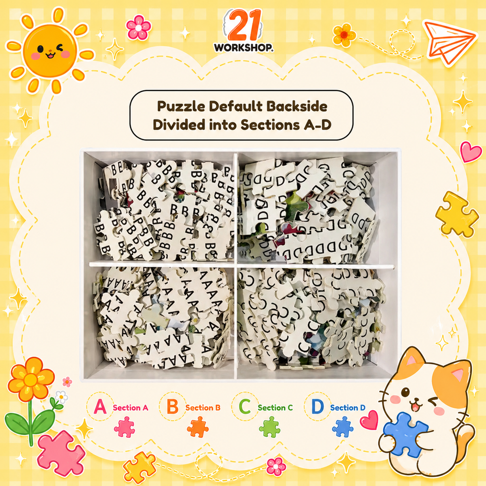 Puzzle back with letter grid guide to sort 1000 pieces easily