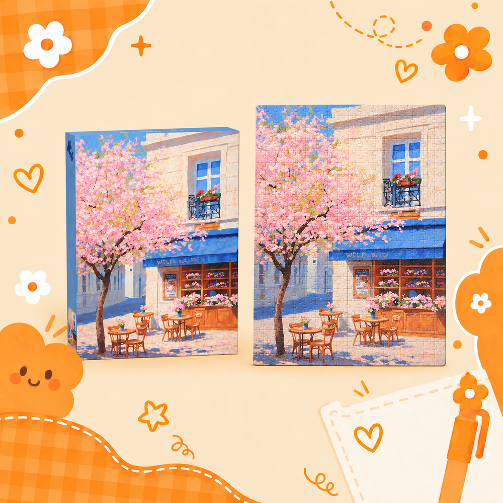 Cherry Blossom Cafe scenery puzzle design