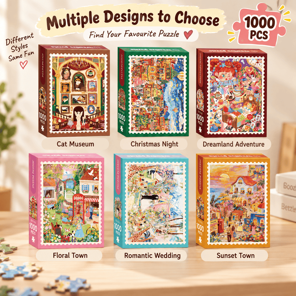1000 piece jigsaw puzzle design options - Cat Museum, Floral Town, Sunset Town